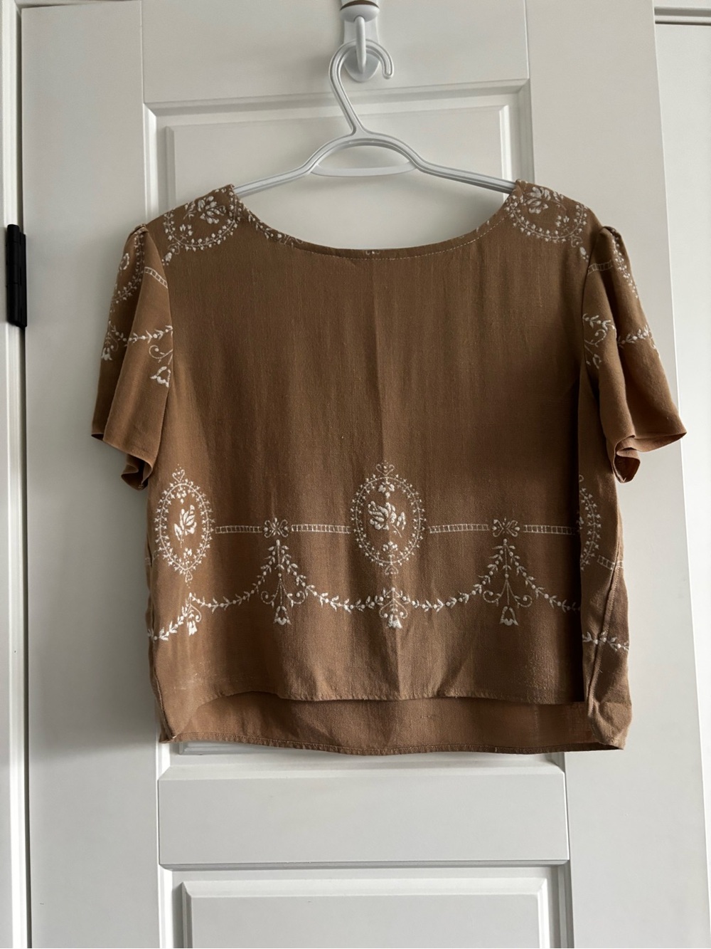 Handmade Upcycled Table Linen Top Puff sleeve feminine Neutral Sand Size S - Picture 5 of 5